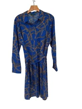 C. Wonder dress Blue Chain Print Long Sleeve tie belt shirtdress size large new