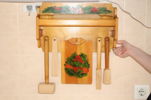 Rustic Wooden Kitchen Tool Shelf Vintage Organizer with Board Rolling Pin USSR