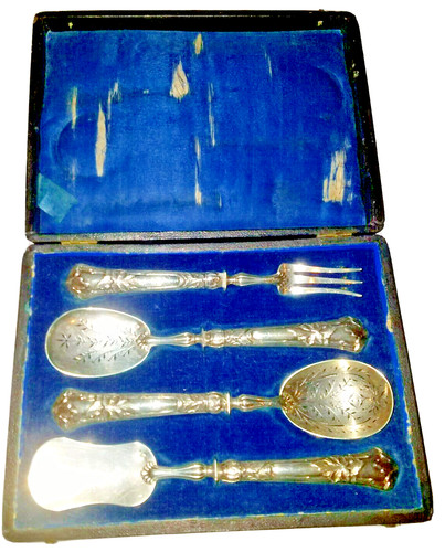 Jules Guetin French .800 Silver 4-Pc Dessert/Fish Set Minerva c.1880s Origin Box