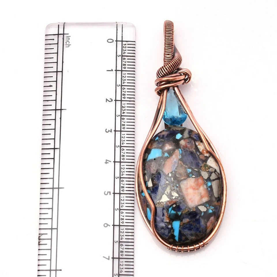 Colgante de joyería hecha a mano envuelto en alambre de cobre con piedras preciosas de sodalita de cobre 2,10" Foto 3 de 4