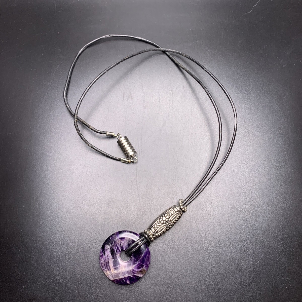 Long Purple Gemstone Pendant Necklace Boho Silver Tone Black Cord 24 Inch