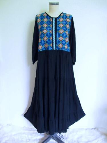 Vintage Arte Huichol Hand Embroidered Dress S Crinkle Gauze Tiered Ruffle Artsy - Picture 2 of 16
