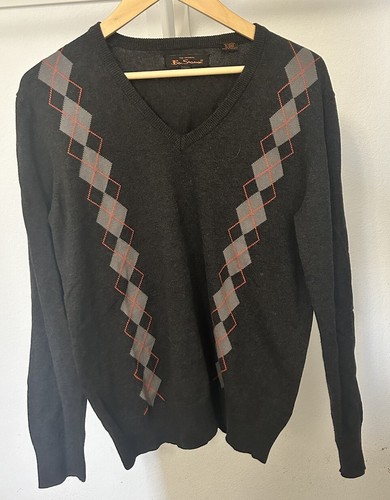 Ben Sherman Men's Sweater Size Small Dark Gray Cotton knit w/ Argyle Trim Preppy