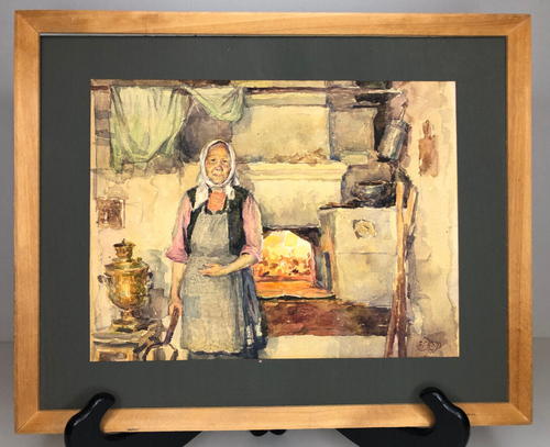 Original Aquarell Malerei Oma Matryona Unikat Signiert Zhurov E.P. Russland 1991