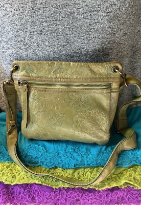 Fossil Olive Green & Teal Stitched Floral Leather Zip Messenger Crossbody