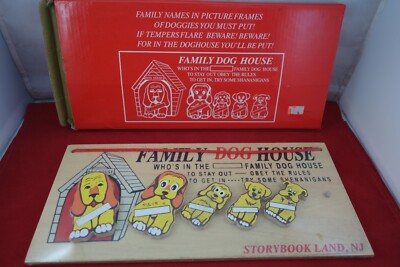 VINTAGE NOVELTY WOODEN PLAQUE - CHINA - FAMILY DOG HOUSE - NEW OLD STOCK - MINT