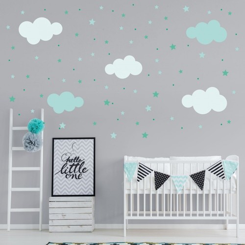 142 Wandtattoo Wolken Sterne Punkte Set mint weiß Kinderzimmer Junge Baby Deko - Bild 2 von 56