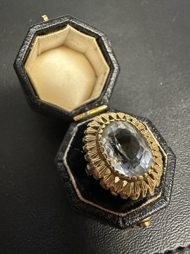 Vintage Large Natural Swiss Blue Topaz Ring 18K Yellow Gold Size 6 - Picture 2 of 10