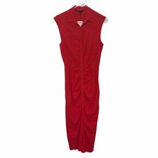 Zara Red Sleeveless Front Button Ruched Linen Blend Midi Dress Small NWT
