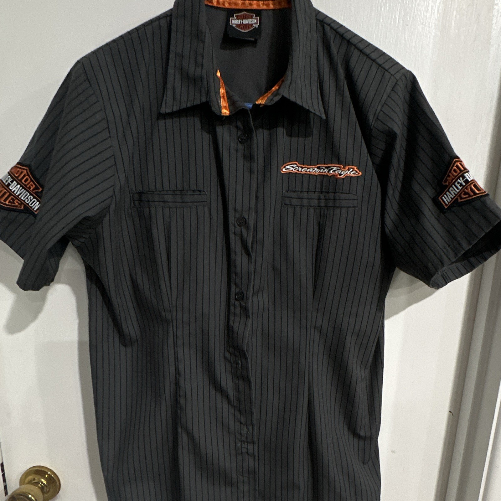 Harley-Davidson Screamin’ Eagle women’s XL Black Striped Button-Up Shirt Pockets