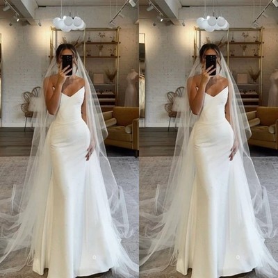 Simple Satin Mermaid Wedding Dresses Sweetheart Ruching White Ivory Bridal Gowns