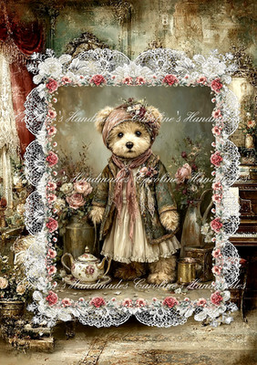 Victorian Teddy Bear & Teapot Designer Cotton Fabric Quilt Block Multi-sizes