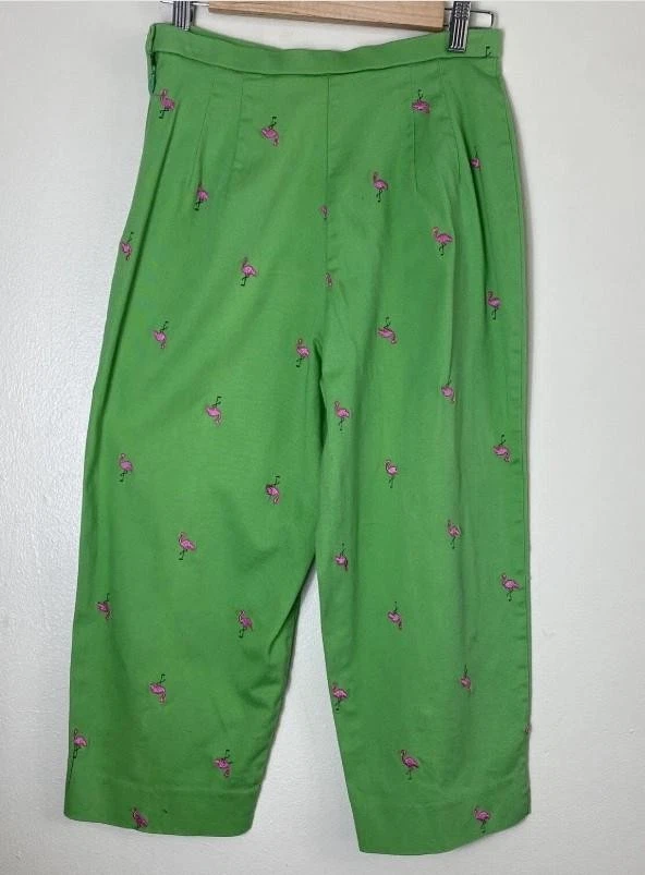 Flamencos Rosa Bordados Verde Brillante Talla 14 Elástico Algodón Cremallera Lateral Capris Foto 3 de 3