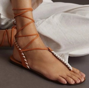 Anthropologie Tie Up Thong Sandals Braided Leather Tan 39 New