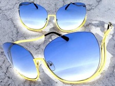 Oversized Exaggerated Vintage Retro Style SUNGLASSES Large Gold Frame Blue Lens
