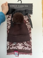 Vince Camuto Scarf And Pom Pom Beanie Set Pink And Brown Floral Pattern NWT