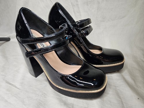 Steve Madden Twice Platform Mary Jane Pumps Women 8.5 Black Faux Patent Leather - Picture 2 of 11