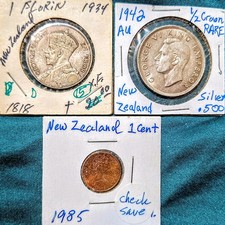 1942 New Zealand 1/2 CROWN RARE, 1934 Florin 2 .500 Silver Coins & 1985 1 Cent
