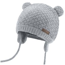Kids Baby Hat Soft Warm Cable Knit Beanie Toddler Girl 6-12 Months Bear Grey
