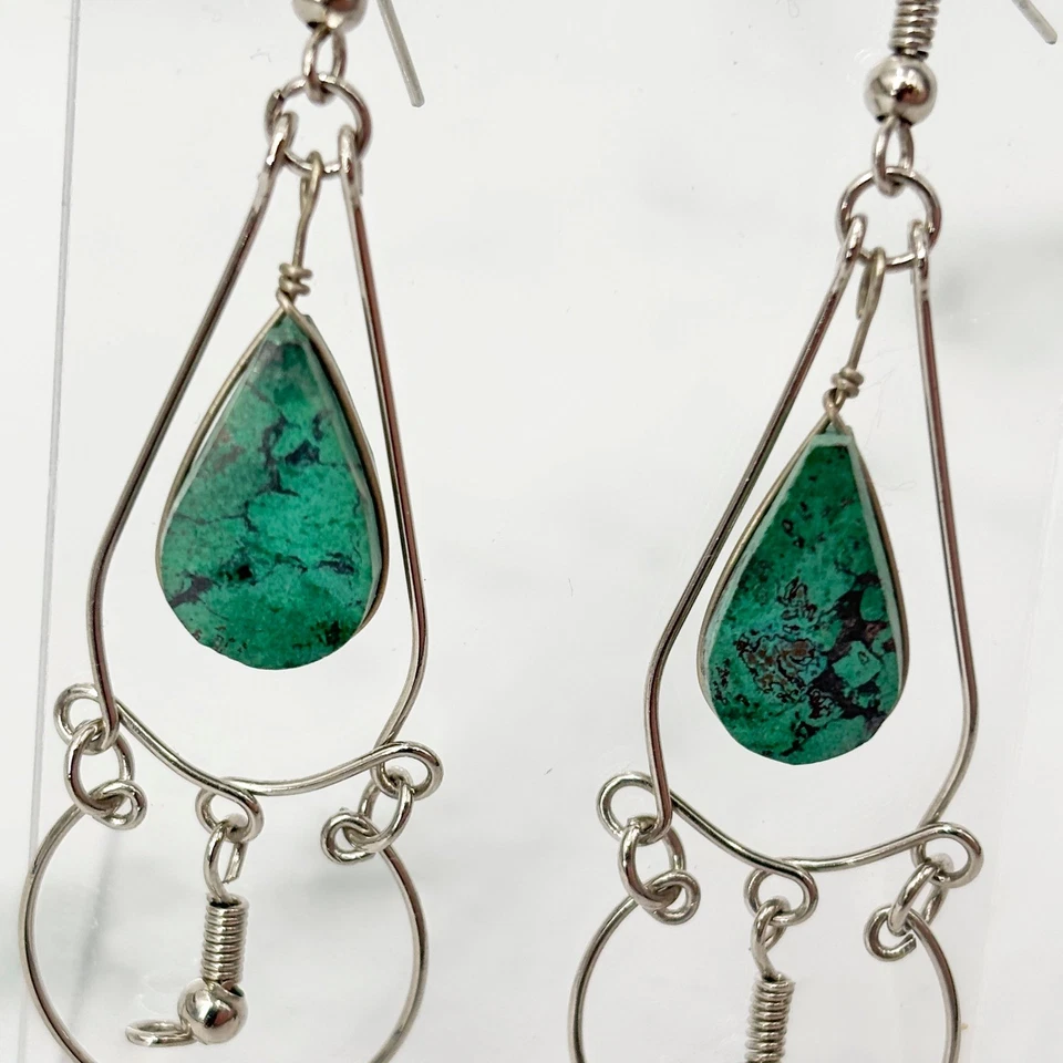 Boho Dangle Earrings Turquoise Gemstone Teardrop Dangles Silver Tone Artesian - Image 2 of 4