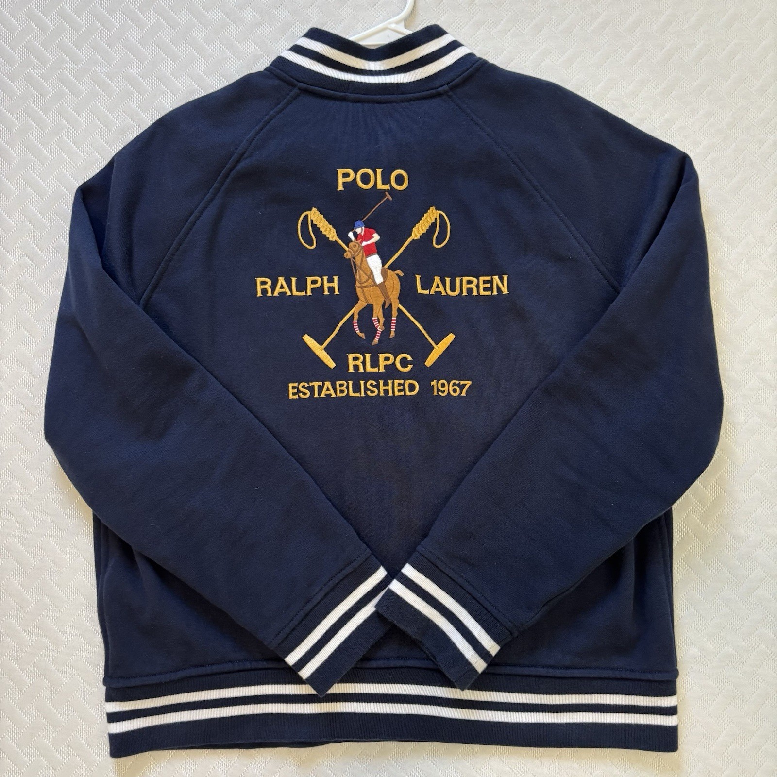 Giacca da baseball Polo Ralph Lauren Varsity ricamata grande pony blu navy bianca grande