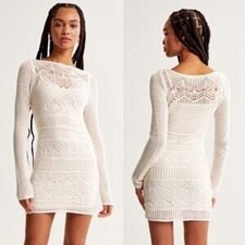 Abercrombie & Fitch Crochet Mini Dress Cream White Long Sleeve Petite Large NWT