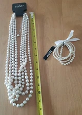 NWT Charming Charlie 4 Row Faux Pearl Necklace & 5 Row Bracelet Set