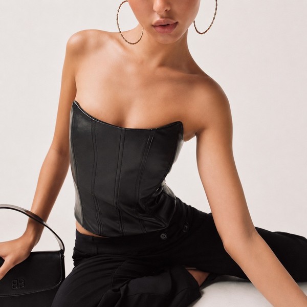 Black Faux Leather Corset Top Strapless Bustier Size S