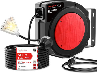 50FT Retractable Extension Cord Reel with 3 Outlets & Circuit Breaker