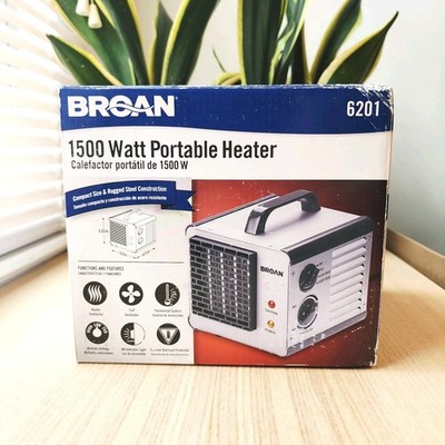 Broan 6201 1500W Portable Electric Heater, Thermostat, Fan, Gray Steel - NEW
