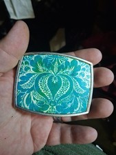 Lotus Palm Aqua Plants Print Pattern Canvas on Silver Color Metal Belt Buckle