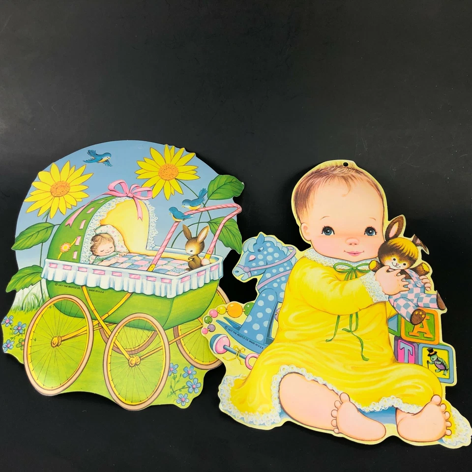 Decorações vintage de chá de bebê Beistle verde amarelo menina/menino 1977 anos 70 FEITO NOS EUA 12" - Imagem 2 de 4