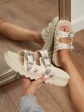 WOMENS LADIES FLAT STUDS BUCKLE CHUNKY FLATFORM SLIP ON SLIDERS SLIDES SANDALS
