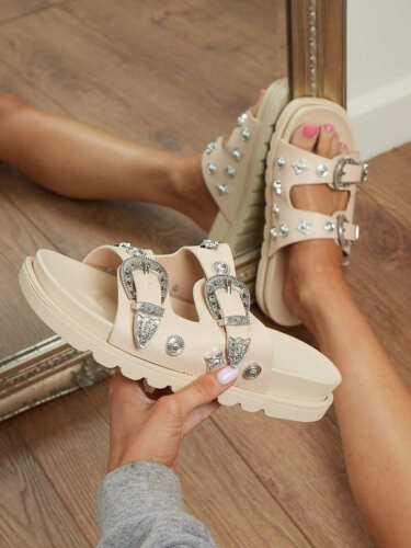 WOMENS LADIES FLAT STUDS BUCKLE CHUNKY FLATFORM SLIP ON SLIDERS SLIDES SANDALS - Picture 2 of 13