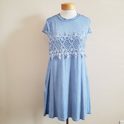 Andree By Unit T Shirt Dress w/Crochet Inset Blue Light Wash Soft w/Pockets  M | eBay