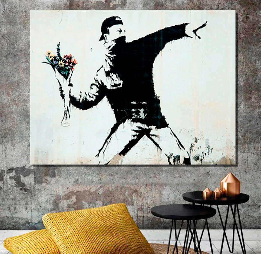 BANKSY FRAMED CANVAS STREET GRAFFITI URBAN ART PRINT FLOWER THROW PAINTING - image 2 of 4
