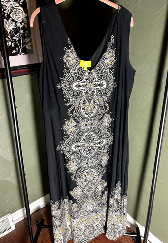 Damen Plus Liz Lang schwarz weiß Print ärmellos Stretch Maxikleid Gr. 1X