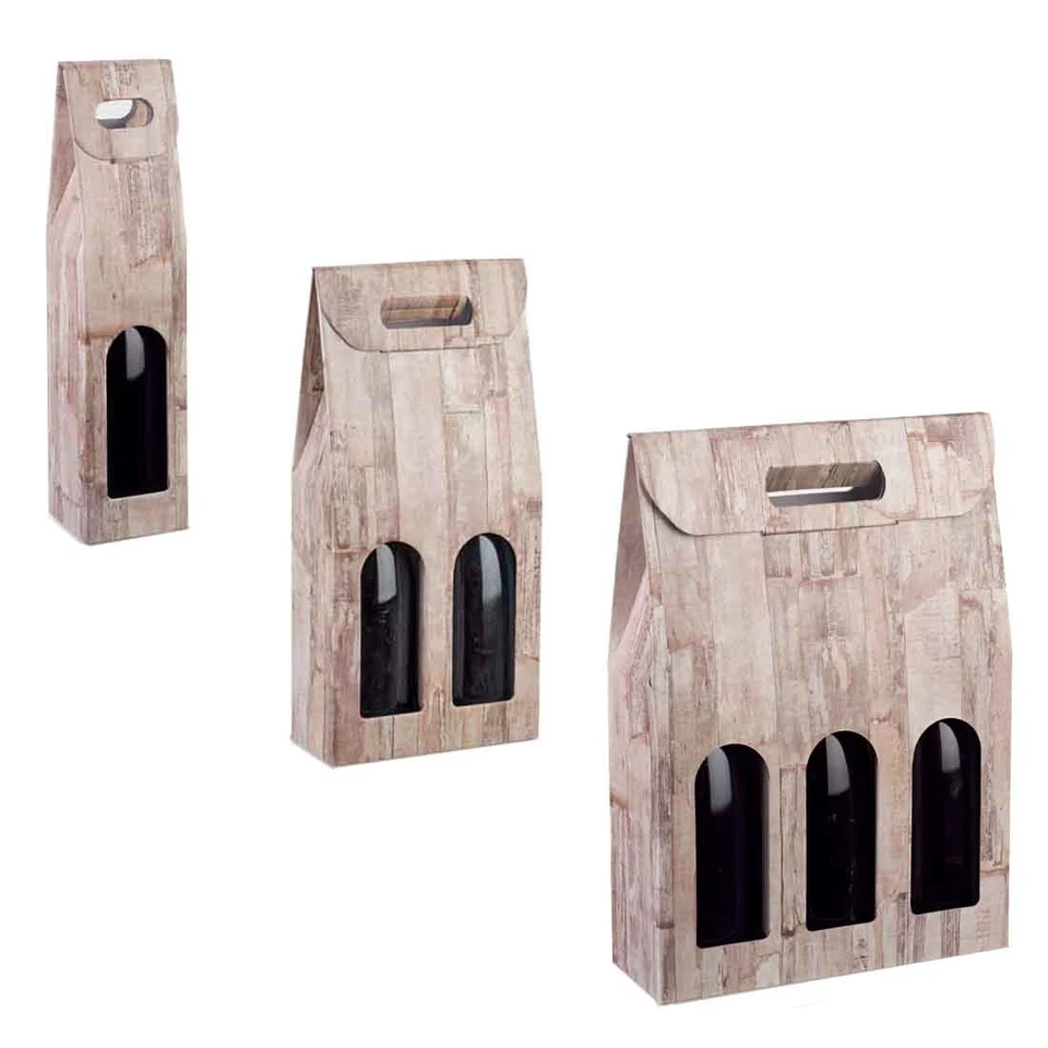 MAQA Scatola portabottiglie H 38.5cm in cartone per 1-2-3 bottiglie effetto legno 3pz