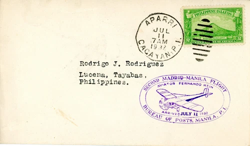 PHILIPPINES 1932 Second Madrid-Manila Flight cover Aviator Rein