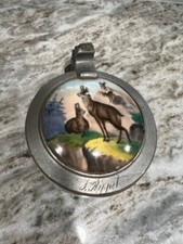 Antique 1800's German Glass Beer Stein Pewter Handle Hand Painted Lid