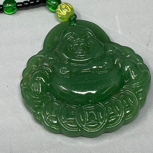 Buddha Pendant Necklace Dark Green Black Round Glass Beads Transparent Luck 26" - Picture 6 of 12