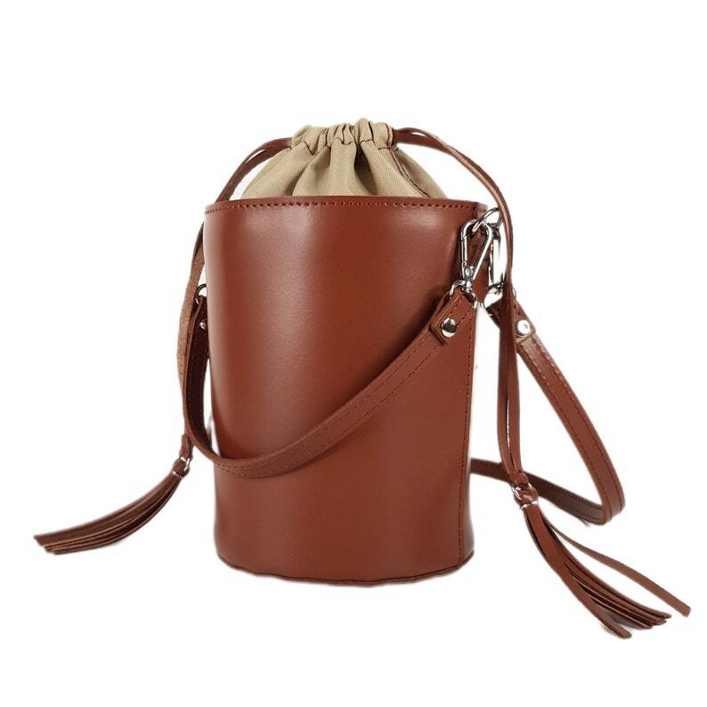 Women's Bucket Bag GENUINE Leather Brown Crossbody Cylindrical