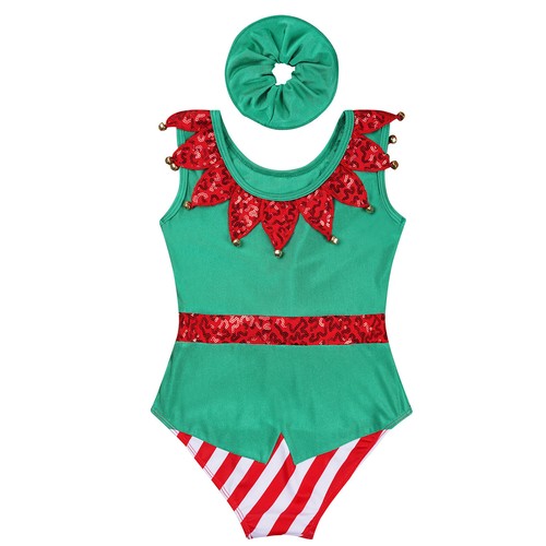 Kids Girls Christmas Dress Up Theme Party Elf Costume Sequin Bodysuit Outfits - Picture 20 of 35