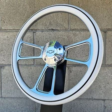 14" Billet Steering Wheel Muscle White Stripe Half Wrap Chevy Horn Licensed