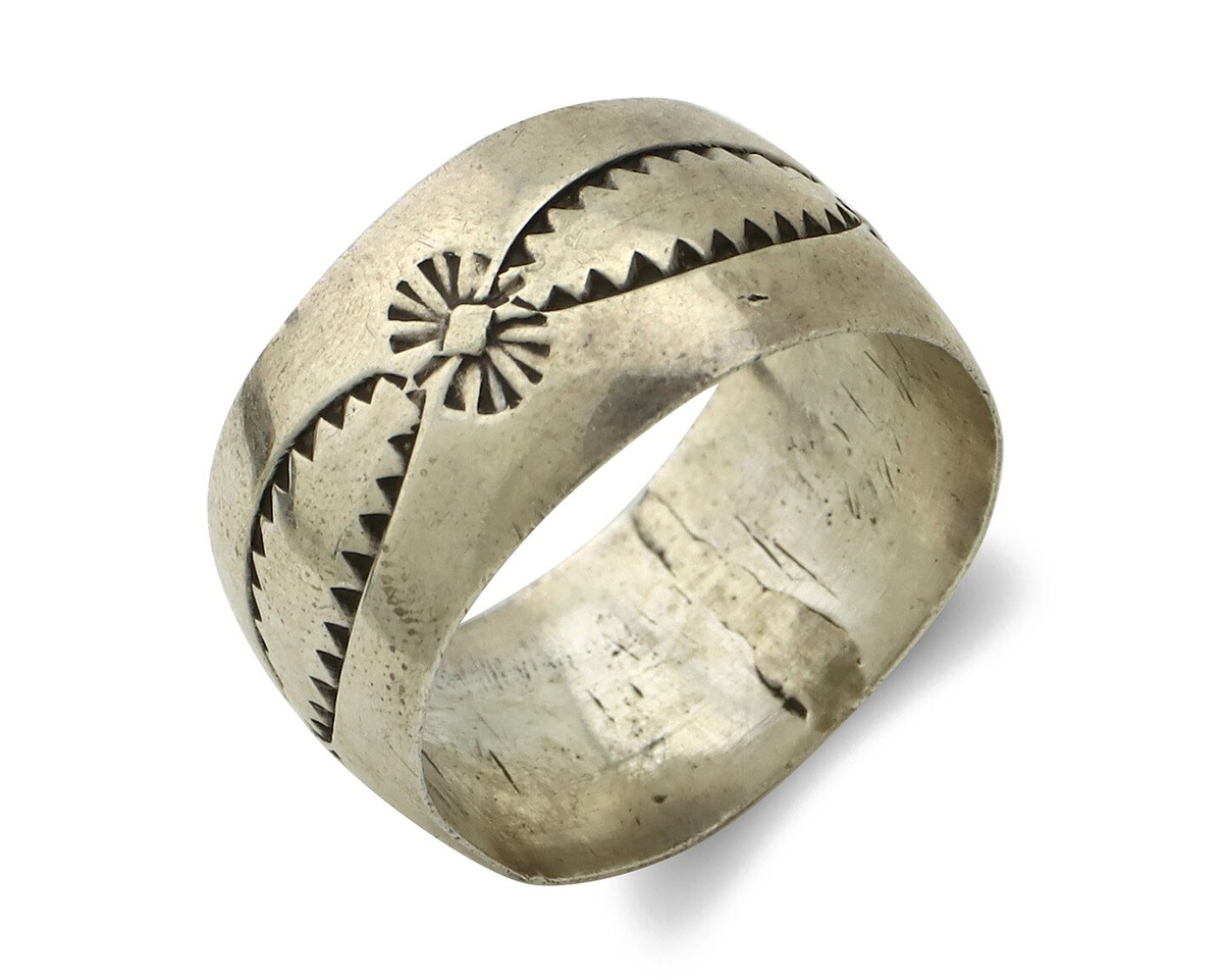 指輪・リング Numbering Navajo Symbol Ring #7450 5BSA095 Navajo Ring 925 Silver Artist Signed PZ Hand Stamped C.80's