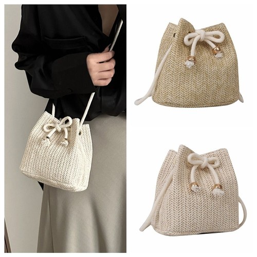 Mobile Bag Raffia Bag Woven Drawstring Bucket Bag Beach eBay