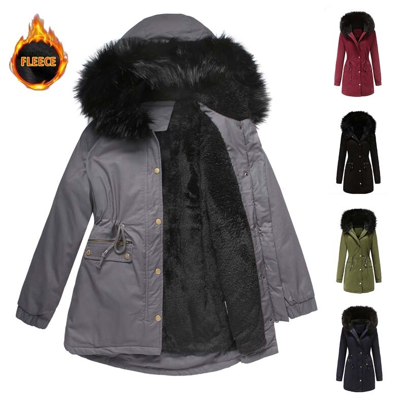 Women Ladies Warm Long Coat Fur Hooded Fleece Lined Jacket Winter Parka