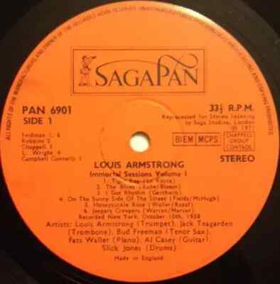 Louis Armstrong Immortal Sessions Volume 1 ORANGE LABELS Sagapan Vinyl LP