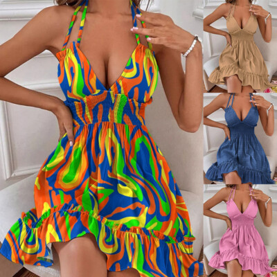 Women's Summer Halter Neck Dress - Sleeveless A-Line Ruffle Sundress For Beach & Party