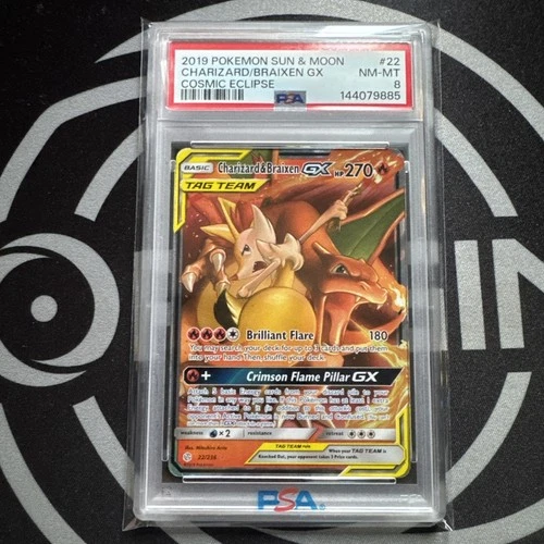 2019 POKEMON SM COSMIC ECLIPSE #22/236 CHARIZARD & BRAIXEN GX TAG TEAM PSA 8